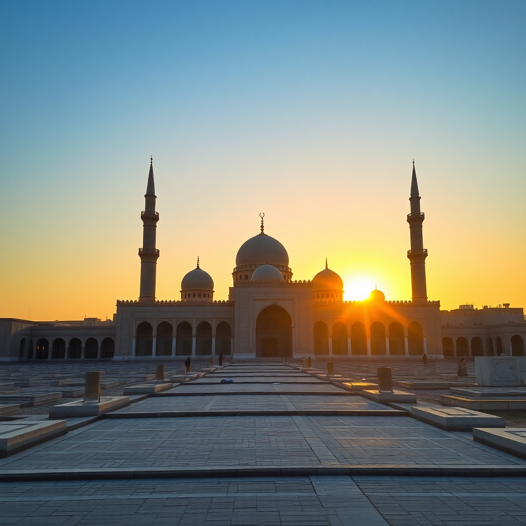 Medina mosque at sunset, Jannat al-Baqi cemetery, Islamic architecture, golden light, peaceful atmosphere